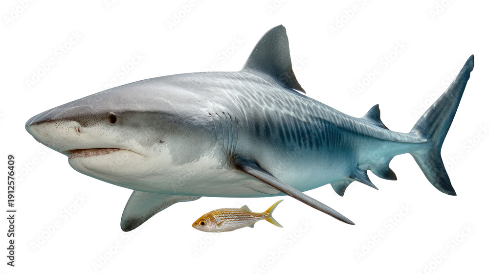 Obraz premium Shark Domination: A large, formidable shark, the apex predator of the ocean, dwarfs a smaller fish, symbolizing the power dynamics of the marine world.