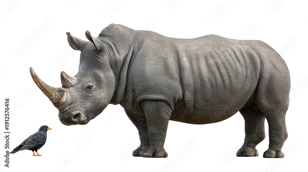 Obraz premium Rhino and Bird: A striking portrait showcases the majestic rhino and a small bird interacting, highlighting the contrast in size and the unique bond between species.