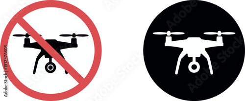 Professional drone flight zone signs featuring a red prohibited no-fly symbol and a white silhouette on a black circular background for security and regulations.