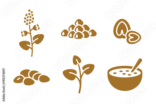 A collection of brown icons depicting various oat products and plants