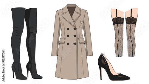 Stylish fall fashion ensemble including a tan trench coat, black over-the-knee boots, stockings, and high heels.