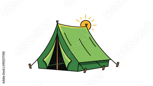 Green triangular camping tent pitched outdoors under a bright yellow sun against a clean and minimal white background.