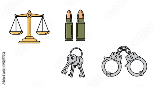 Set of icons representing law and justice including scales of justice, ammo bullets, keys, and metal handcuffs.