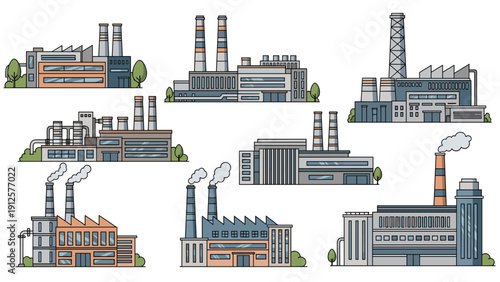 Diverse collection of industrial factory buildings with different shapes, chimney smoke, and vibrant color schemes.