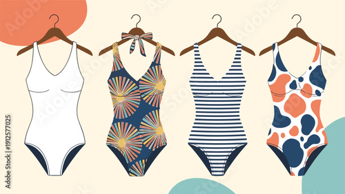 Collection of women one-piece swimsuits in various stylish patterns and colors hanging on classic wooden hangers.