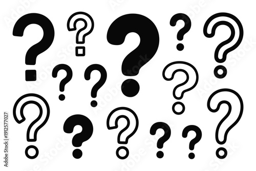 A collection of question marks in various sizes and styles on white background