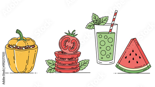 Selection of healthy snacks and beverages featuring a stuffed yellow bell pepper, tomato slices, a green smoothie with mint, and a watermelon.
