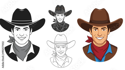 Portraits of a handsome smiling cowboy wearing a hat and bandana are shown in four different artistic styles including color and line art.