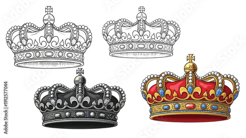 Collection of four regal imperial crowns features various artistic renditions including a detailed color version and three black and white sketches.