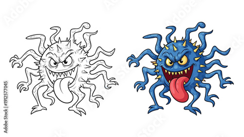 Grinning blue monster character representing a virus or bacteria is depicted alongside a black and white line art version of the same creature.
