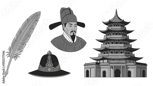 Illustration showcases historical chinese cultural symbols including a scholar portrait, a traditional pagoda temple, a quill pen, and a round hat.
