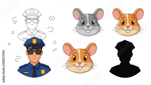 Collection of character heads featuring a male police officer in sunglasses and cute hamsters in various styles.
