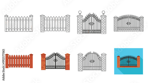 Large set of various garden fence and gate designs including wooden pickets and decorative wrought iron styles.