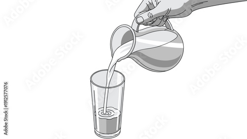Human hand pouring a clear liquid from a glass pitcher into a tall drinking glass in grayscale illustration.