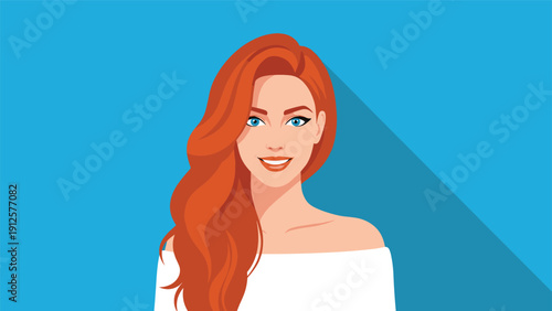 Portrait of a beautiful smiling young woman with long wavy red hair wearing a stylish white off-the-shoulder top.