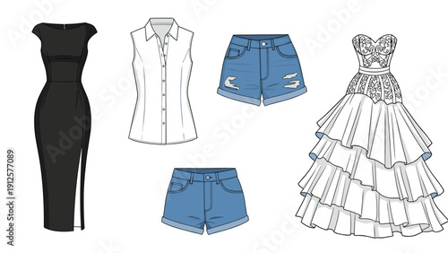 Assortment of women fashion items featuring a black evening gown, white shirt, denim shorts, and ruffled wedding dress.