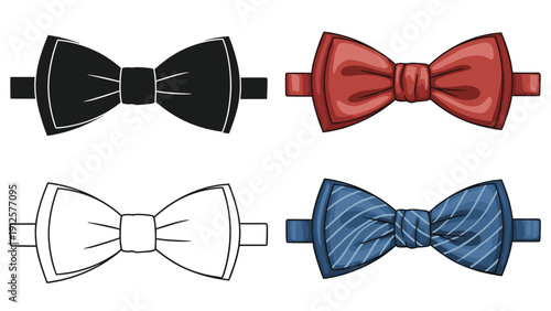 Four different styles of classic men bow ties including solid black, red, striped blue, and a simple outline drawing.