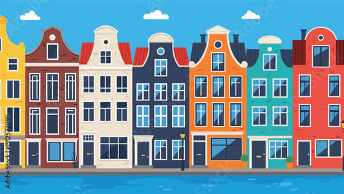 Colorful row of traditional narrow european townhouses along a waterfront under a clear blue sky with fluffy clouds.