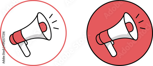 Professional red and white megaphone icons in circular frames for business announcements, marketing promotions, alerts, and news broadcasting in modern flat vector style.