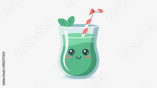 Cartoon green smoothie in a glass with a straw and a leaf, isolated on transparent background
