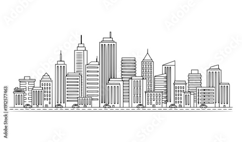 Minimal linear city skyline vector with urban traffic and buildings in black and white flat sketch design