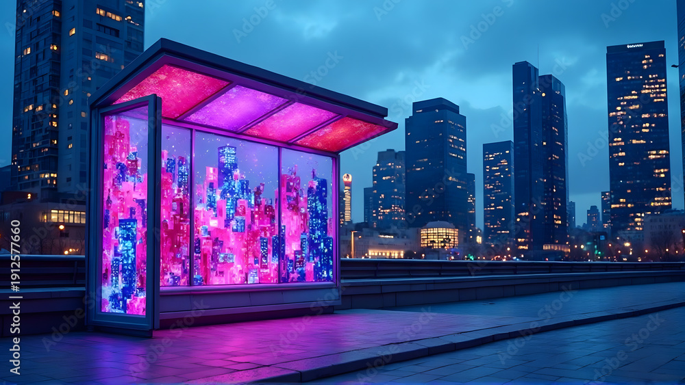 Obraz premium A bus stop with colorful of nightlife.