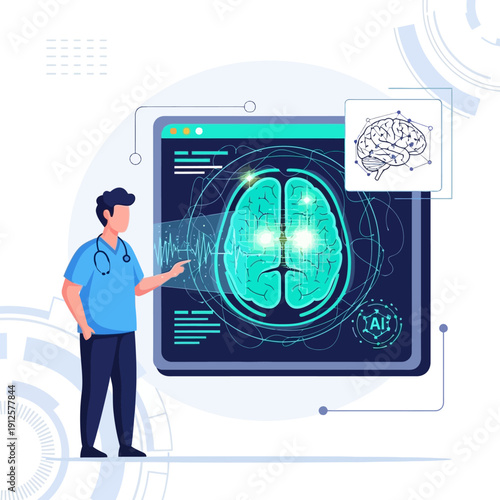 Doctor in blue scrubs interacting with futuristic brain scan on large tablet screen with circuitry elements