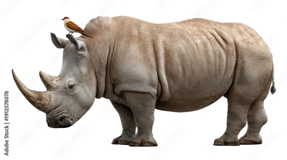 Obraz premium The Majestic Rhino: A magnificent rhinoceros stands tall, its robust frame and iconic horn symbolizing the raw power of nature. A small bird perches atop its head.