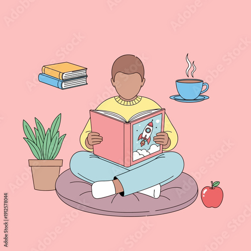 Person reading a book about space exploration with a rocket ship illustration