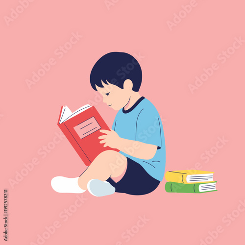 Young boy sitting and reading a book, surrounded by knowledge