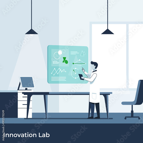 Scientist in white coat working on data analysis in modern innovation lab with graphs on screen