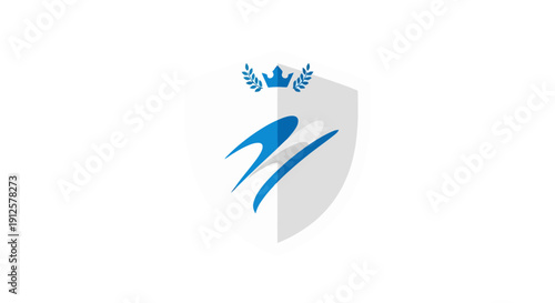 Clean white shield design featuring a blue crown, laurel leaves, and abstract dynamic swoosh lines, perfect for elite sports branding or premium athletic clubs.