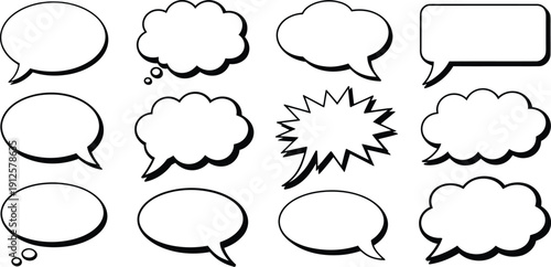 A collection of various comic book style speech bubbles on a white background