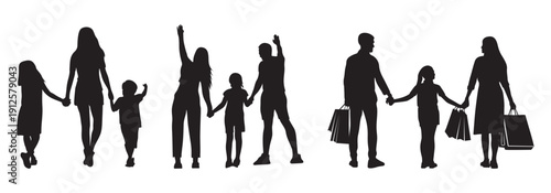 Parent and child silhouettes in a vector set. vector silhouettes of people. silhouettes of people. silhouette of a man. silhouette of a woman with long hair. silhouette of a man