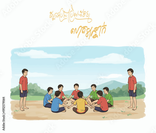 Kids sitting in circle playing traditional Khmer game