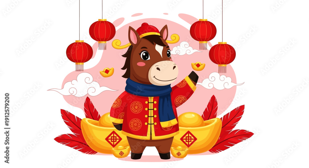 Fototapeta premium Happy Cartoon Horse Celebrating Chinese New Year with Red Lanterns Gold Ingots and Traditional Attire
