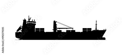 Silhouette of a Cargo Ship with Crane Equipment