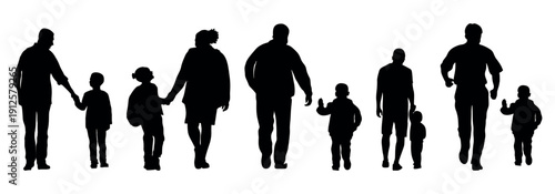 Father and child silhouettes in a vector set. vector silhouettes of people. silhouettes of people. silhouette of a man. silhouette of a woman with long hair. silhouette of a man