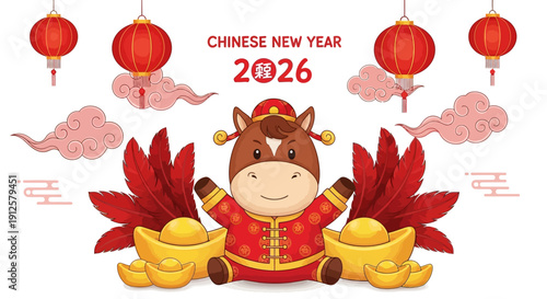 Happy Chinese New Year 2026 Adorable Cartoon Horse in Festive Attire Surrounded by Golden Ingots and Red Lanterns