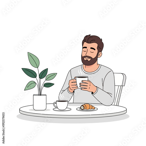 Man enjoying coffee and croissant at table with plant, relaxation, morning routine