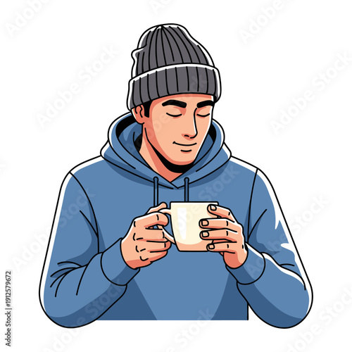 Young man in beanie and hoodie holding a warm cup of coffee, enjoying a peaceful moment