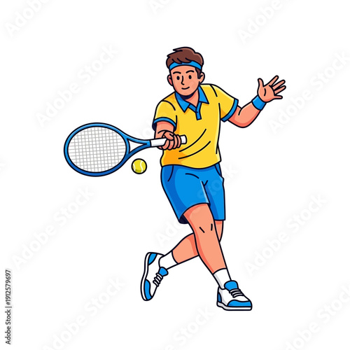 Young Male Tennis Player Hitting Forehand Shot with Yellow Shirt and Blue Shorts