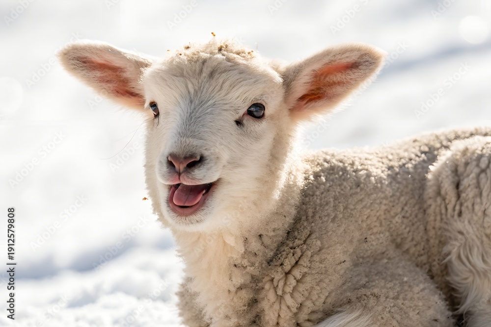 Fototapeta premium Adorable young white lamb with its mouth slightly open and tongue out looking curiously at the camera while resting in the bright sunny snow outdoors.