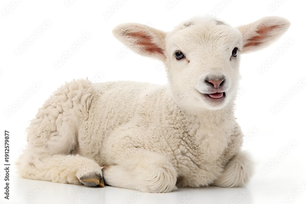 Obraz premium Adorable white newborn baby lamb with fluffy wool rests comfortably while sticking its tiny pink tongue out slightly against a clean bright white background