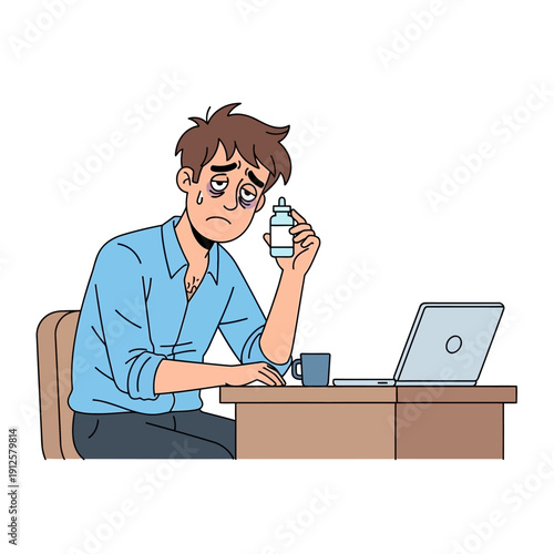 Tired office worker with eye drops at desk with laptop, feeling exhausted and stressed