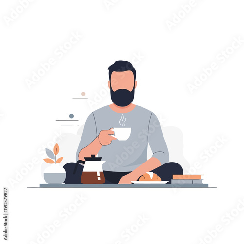 Man with beard drinking coffee, enjoying breakfast with book and teapot