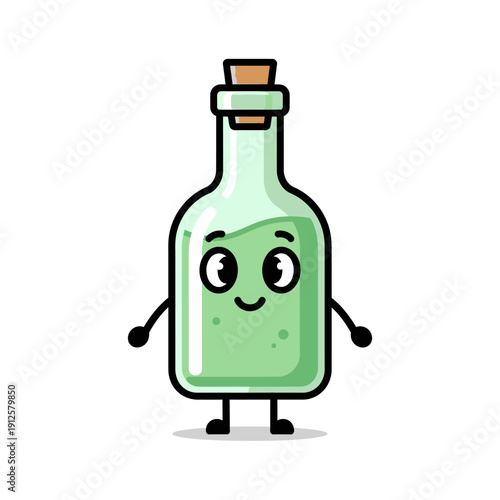 Cute cartoon potion bottle with happy face, isolated on white background
