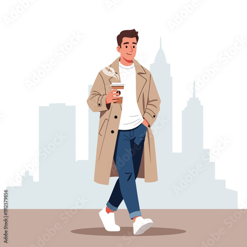 Stylish man in trench coat walking with coffee cup in city street, urban lifestyle