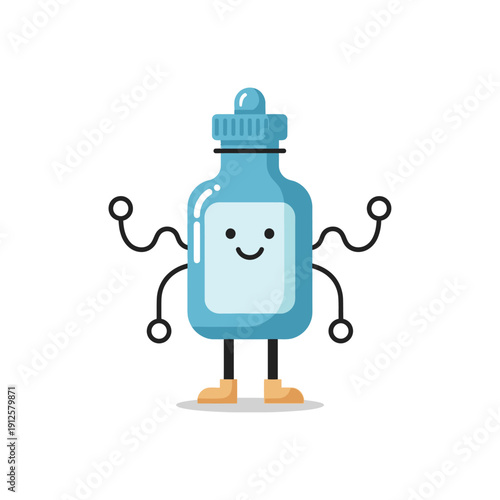 Cute cartoon blue liquid bottle character with arms and legs, smiling face, white background