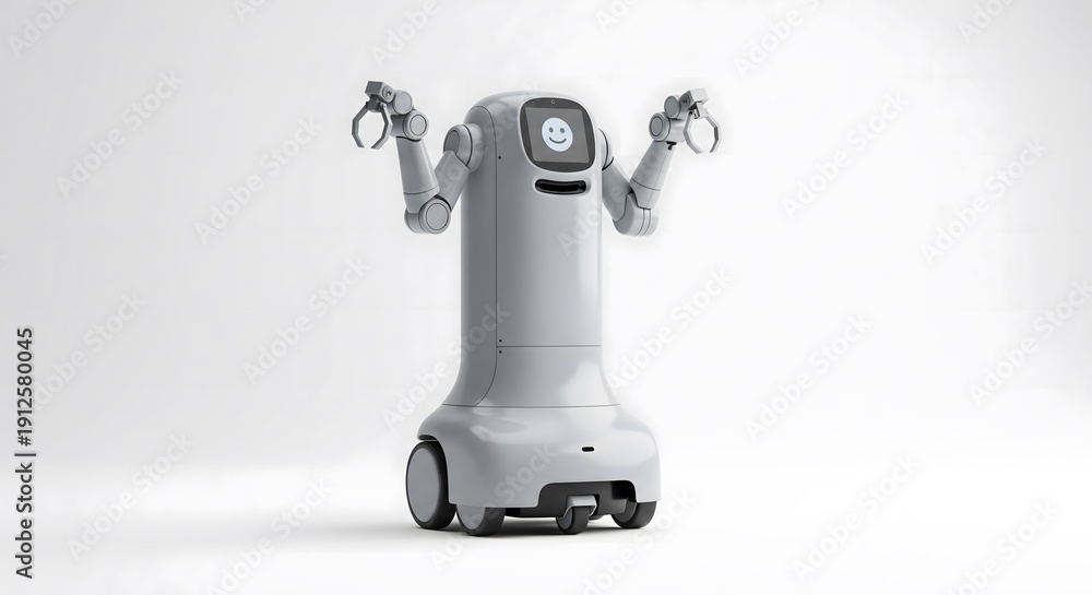 Fototapeta premium White robotic assistant with articulated arms on a white background.